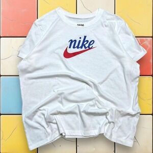Y2K Nike White Varsity Tee Women's‎ L Red Blue Center Swoosh Shirt Performance